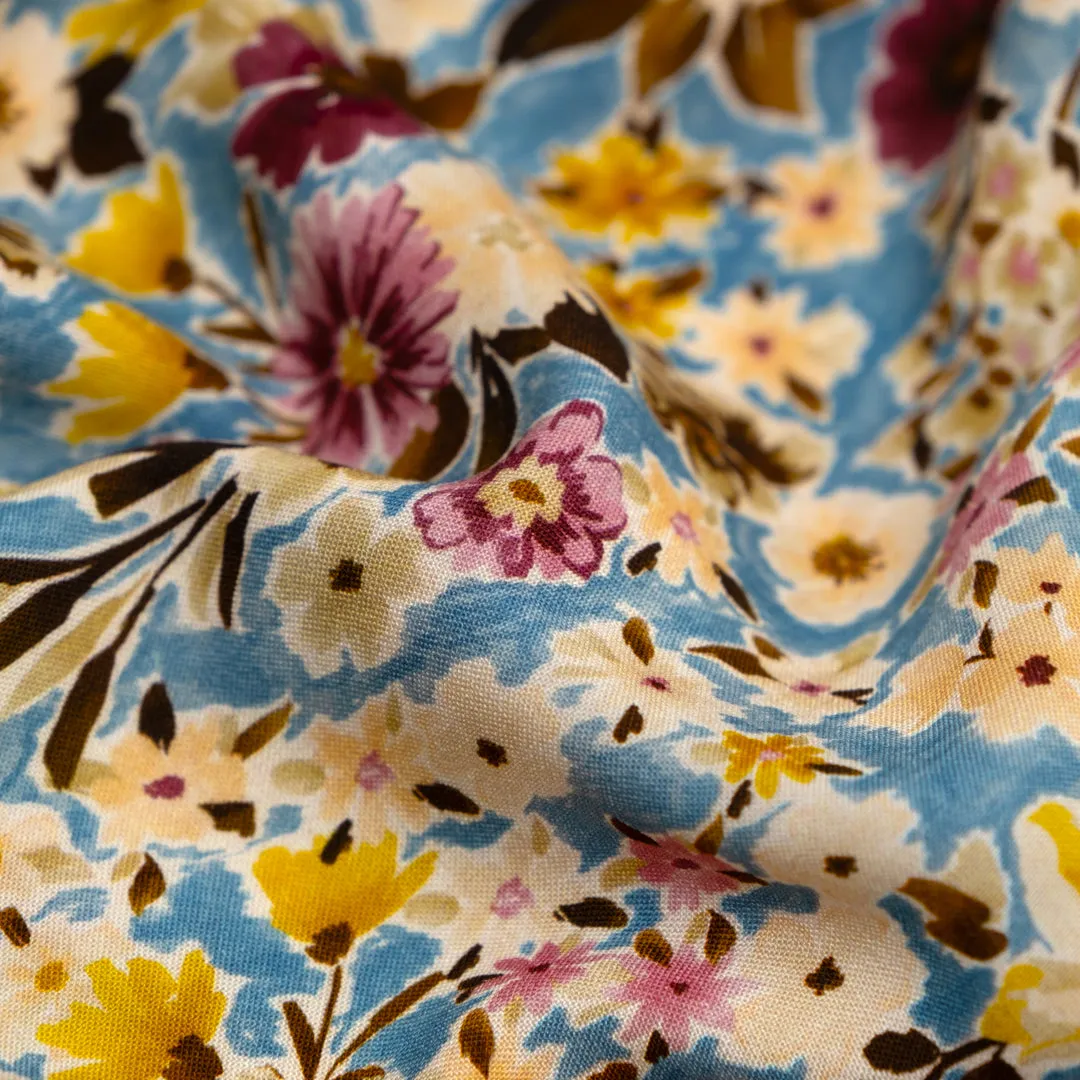 Remnant - 4.6m - Flower Shop Printed Viscose Challis - Pacific/Blush/Citron
