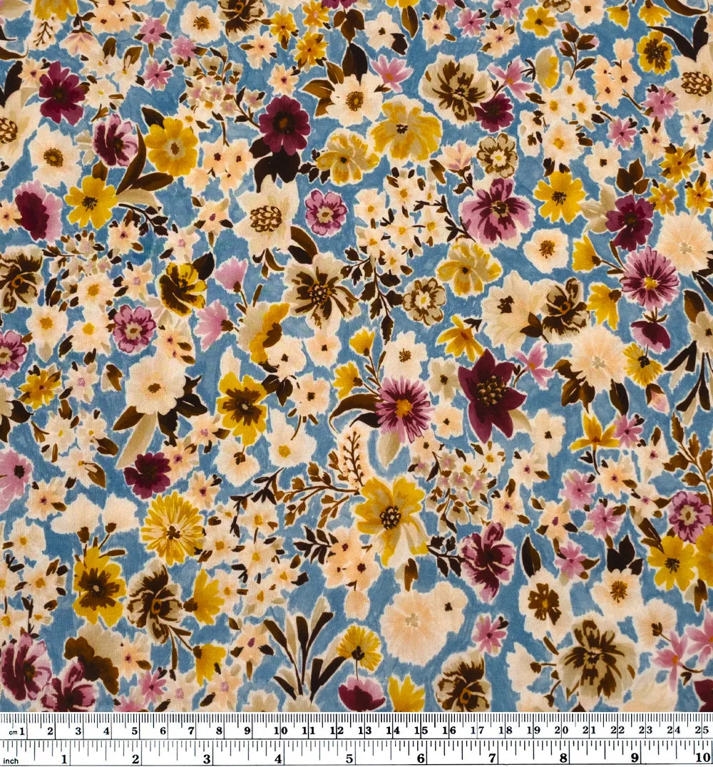 Remnant - 4.6m - Flower Shop Printed Viscose Challis - Pacific/Blush/Citron