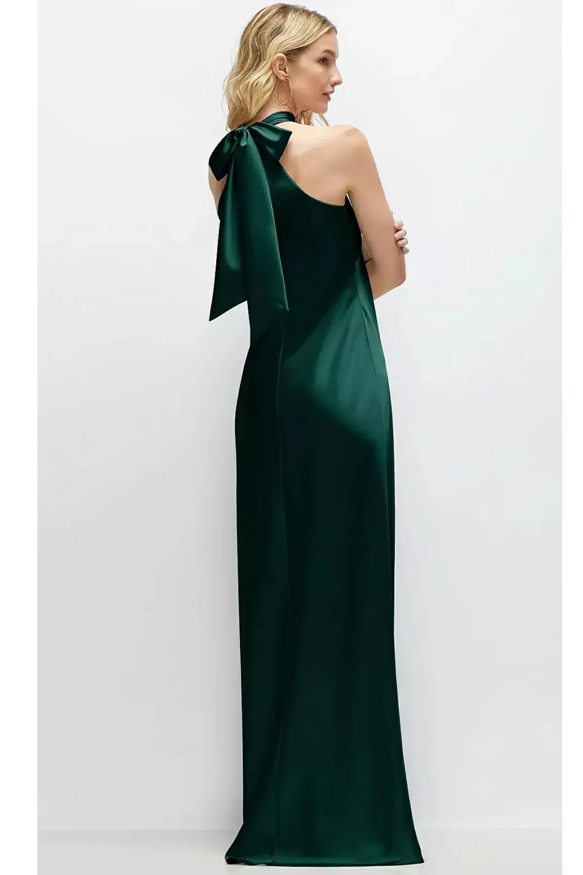 Self Tie Bow Back Satin Maxi Dress in Evergreen
