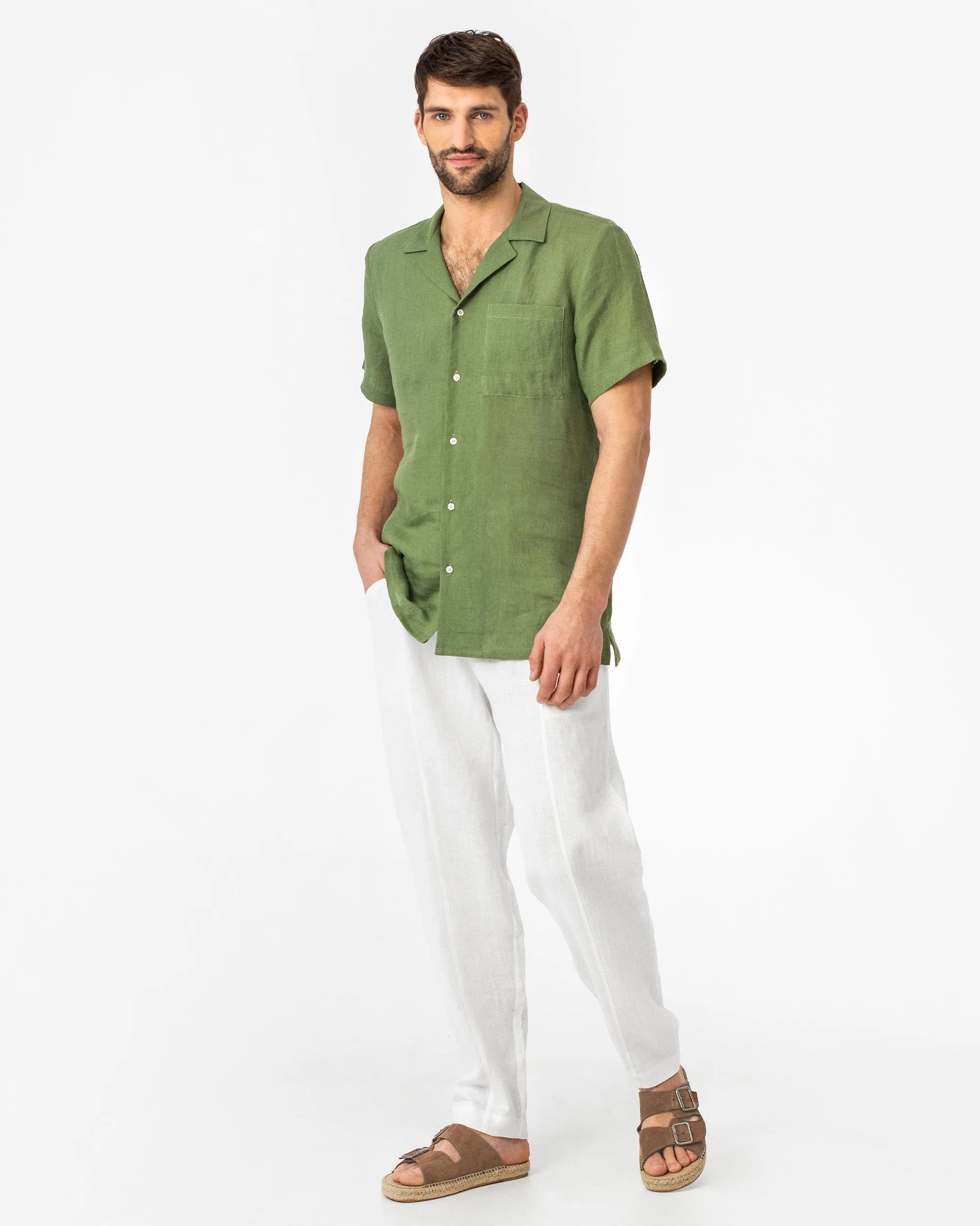 Short-sleeved breezy men's linen shirt HAWI in Forest green