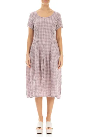 Short Sleeves Pink Check Linen Dress