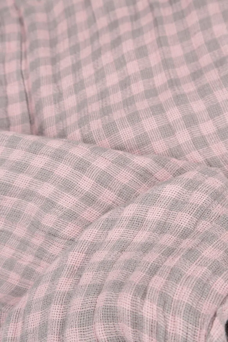 Short Sleeves Pink Check Linen Dress