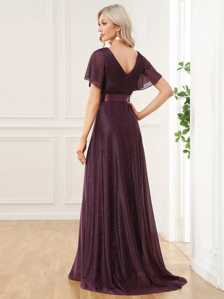 Sparkling Short Sleeve V-Neck Ribbon Waist A-Line Bridesmaid Dress