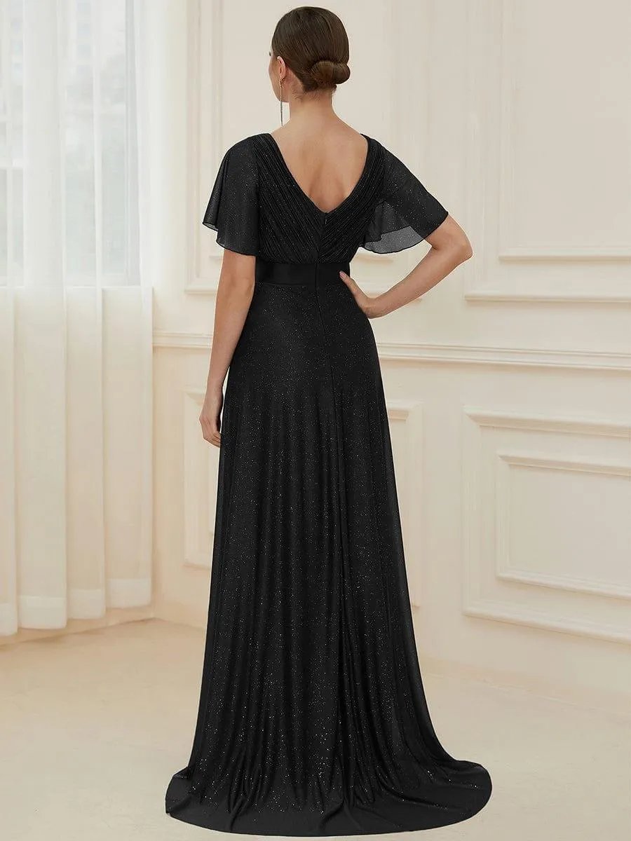 Sparkling Short Sleeve V-Neck Ribbon Waist A-Line Bridesmaid Dress