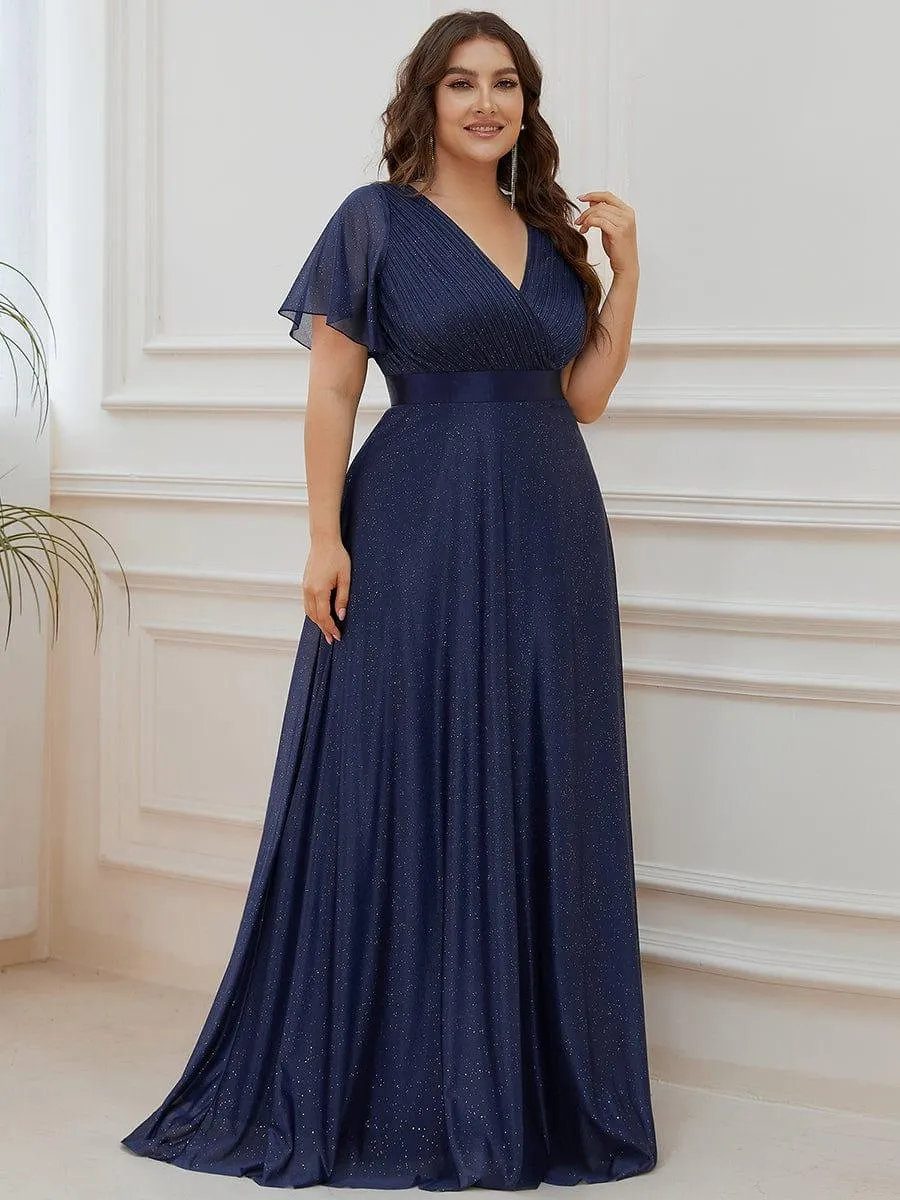 Sparkling Short Sleeve V-Neck Ribbon Waist A-Line Bridesmaid Dress