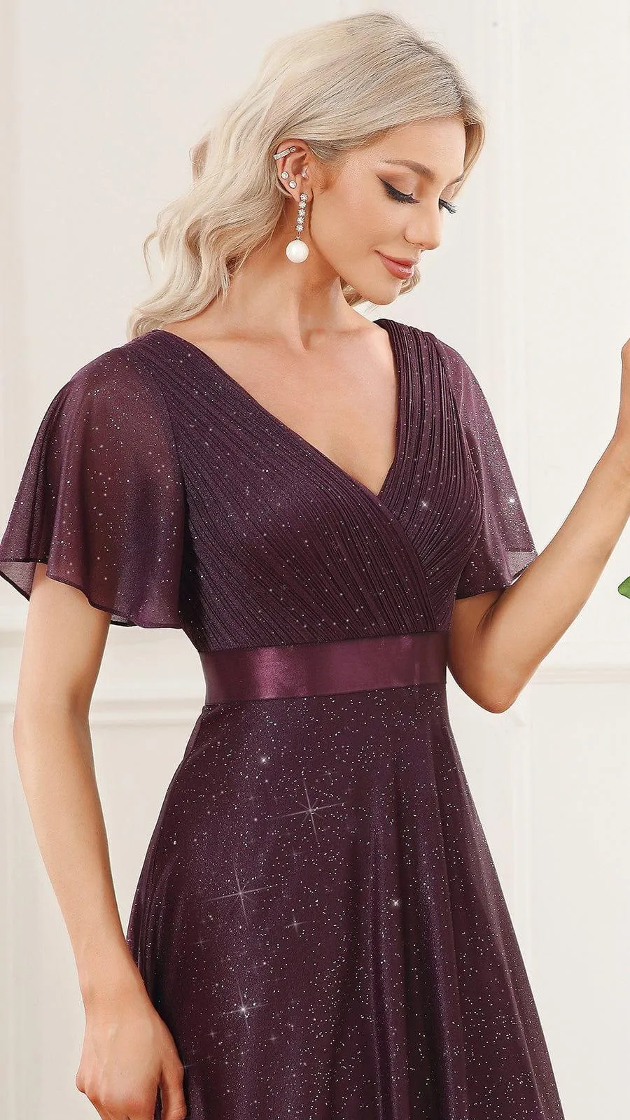 Sparkling Short Sleeve V-Neck Ribbon Waist A-Line Bridesmaid Dress
