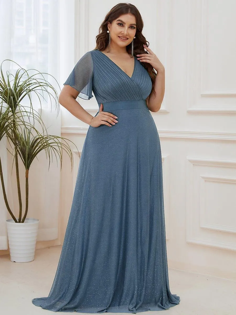 Sparkling Short Sleeve V-Neck Ribbon Waist A-Line Bridesmaid Dress