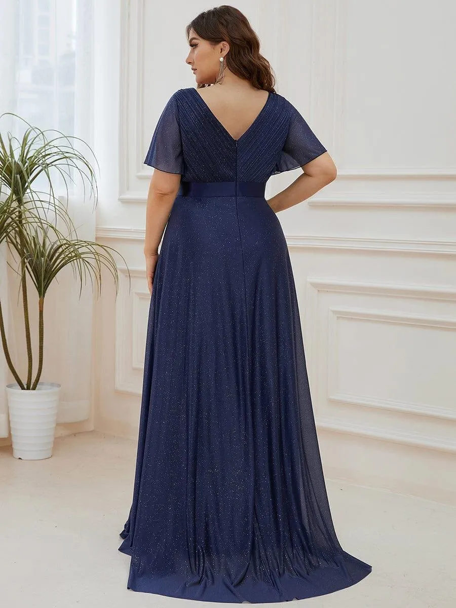 Sparkling Short Sleeve V-Neck Ribbon Waist A-Line Bridesmaid Dress