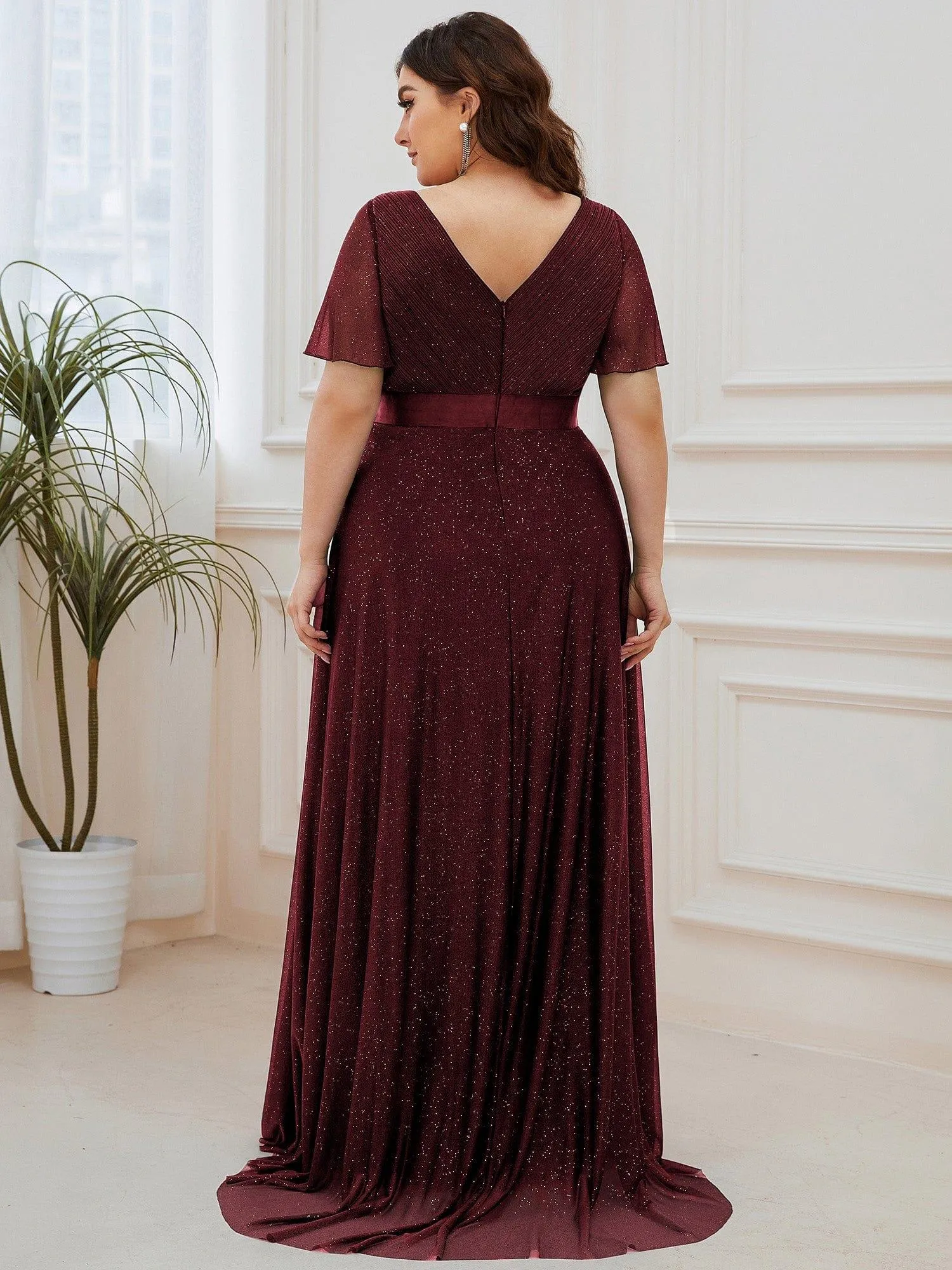 Sparkling Short Sleeve V-Neck Ribbon Waist A-Line Bridesmaid Dress