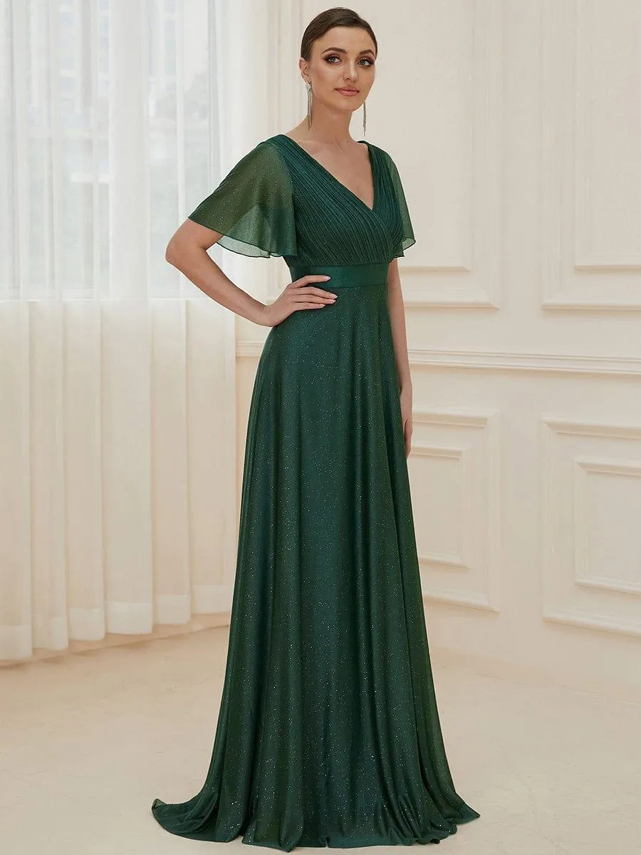 Sparkling Short Sleeve V-Neck Ribbon Waist A-Line Bridesmaid Dress