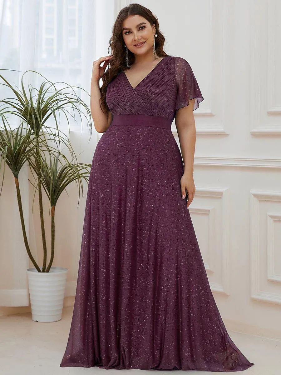 Sparkling Short Sleeve V-Neck Ribbon Waist A-Line Bridesmaid Dress