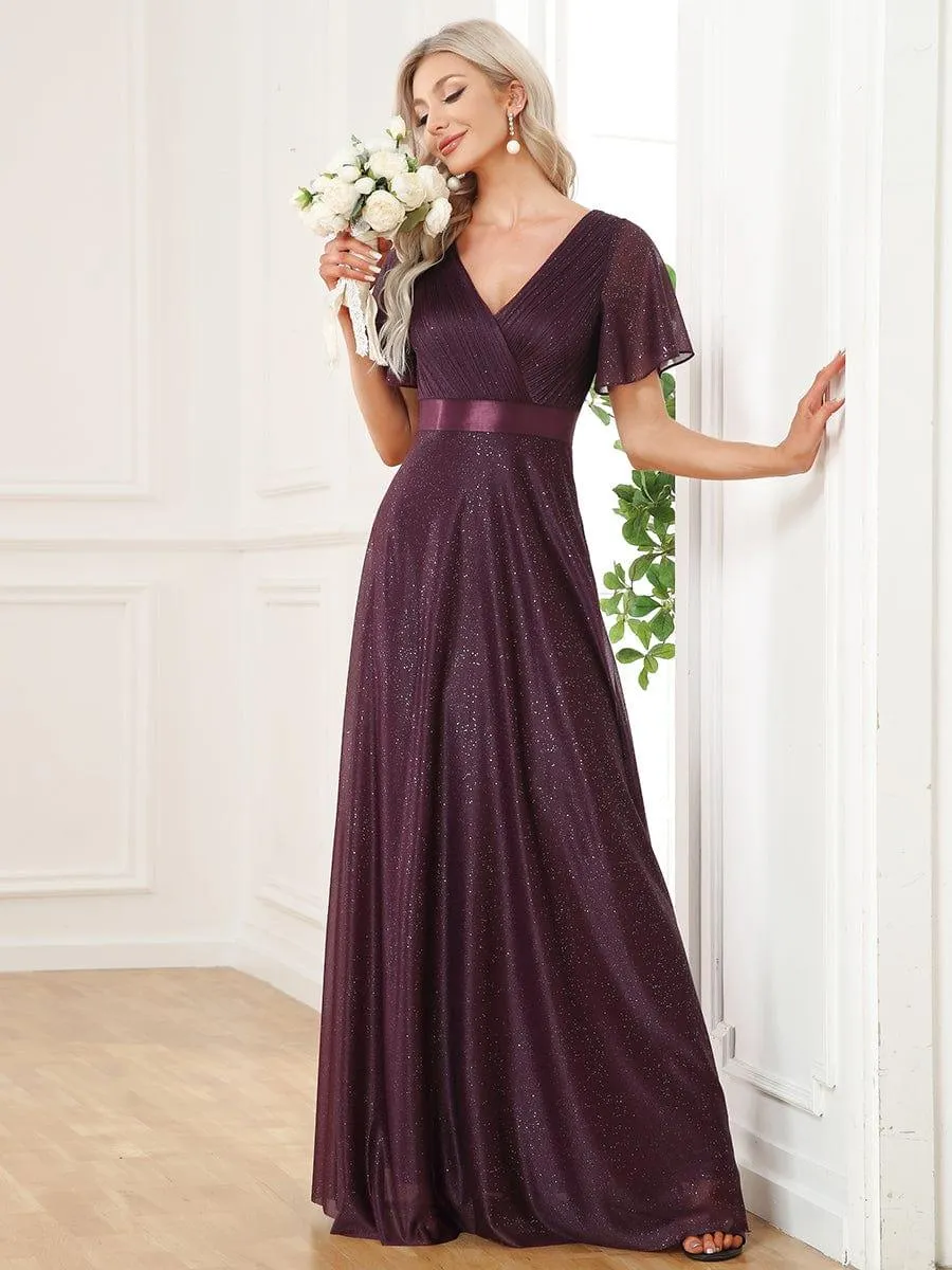 Sparkling Short Sleeve V-Neck Ribbon Waist A-Line Bridesmaid Dress