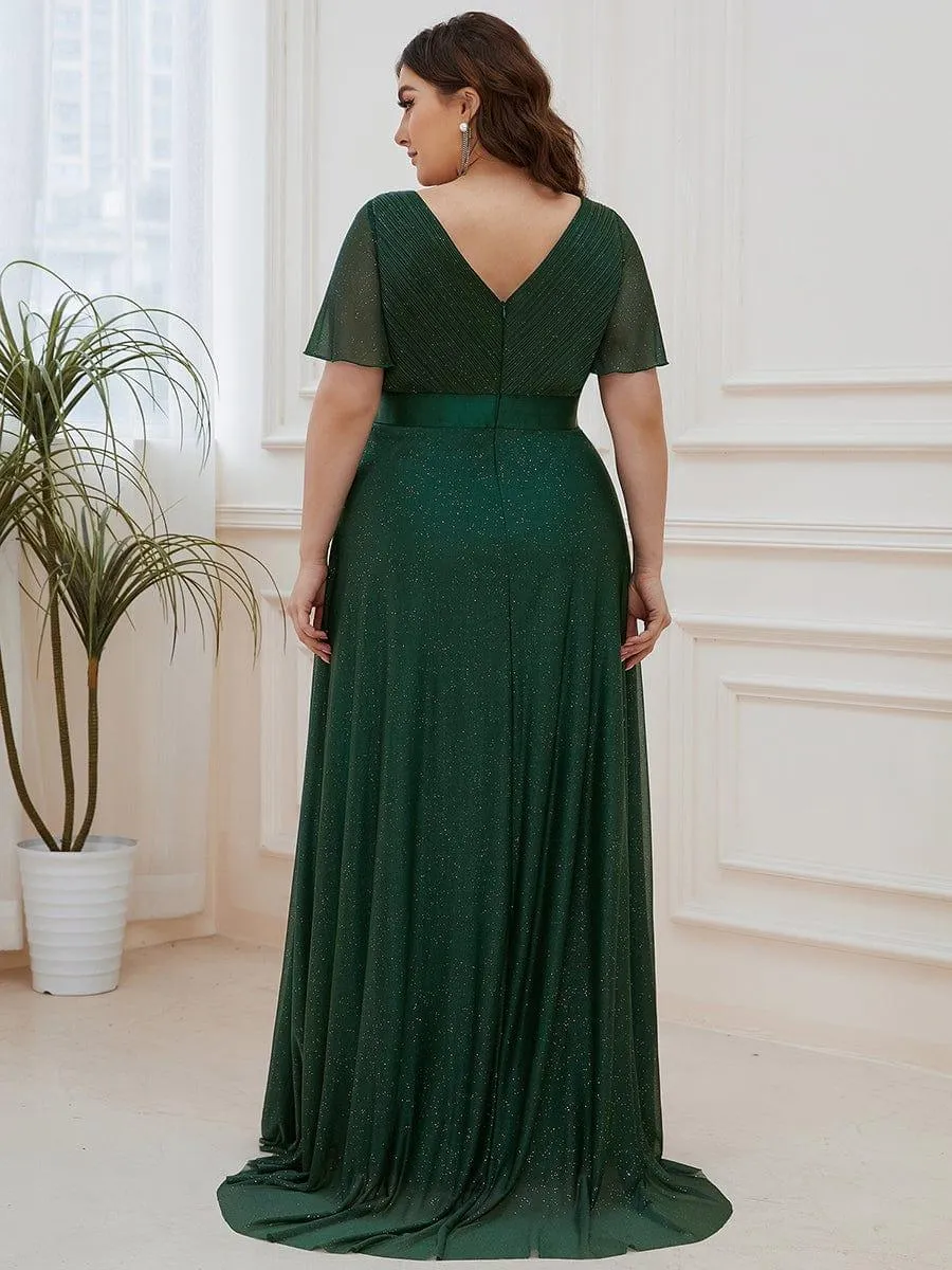 Sparkling Short Sleeve V-Neck Ribbon Waist A-Line Bridesmaid Dress