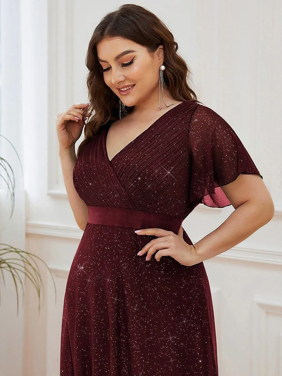 Sparkling Short Sleeve V-Neck Ribbon Waist A-Line Bridesmaid Dress