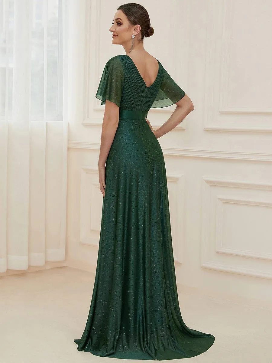 Sparkling Short Sleeve V-Neck Ribbon Waist A-Line Bridesmaid Dress