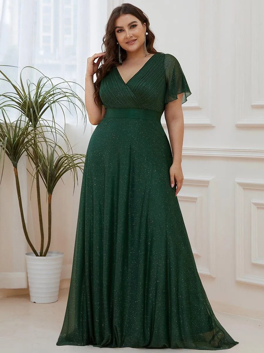 Sparkling Short Sleeve V-Neck Ribbon Waist A-Line Bridesmaid Dress