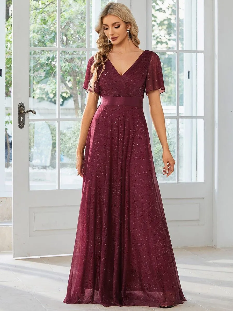 Sparkling Short Sleeve V-Neck Ribbon Waist A-Line Bridesmaid Dress