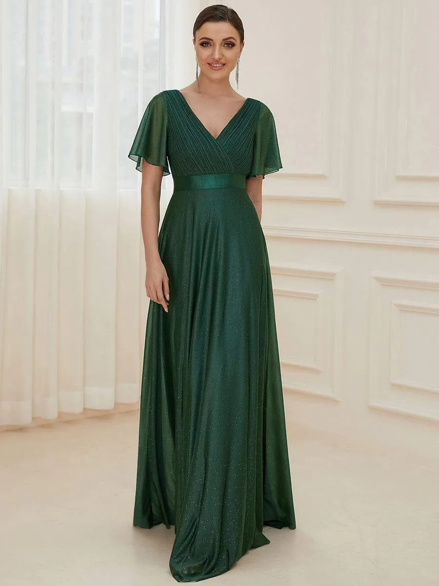 Sparkling Short Sleeve V-Neck Ribbon Waist A-Line Bridesmaid Dress