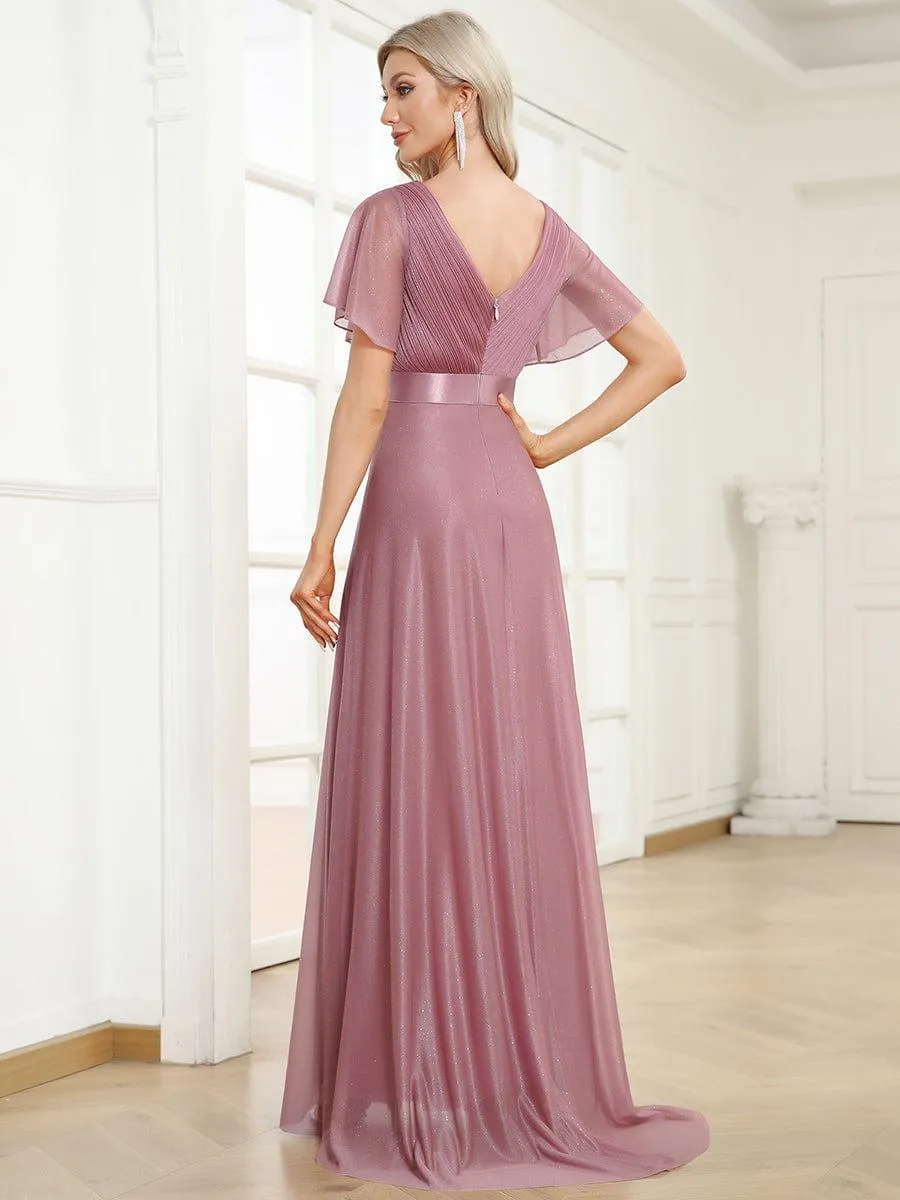 Sparkling Short Sleeve V-Neck Ribbon Waist A-Line Bridesmaid Dress