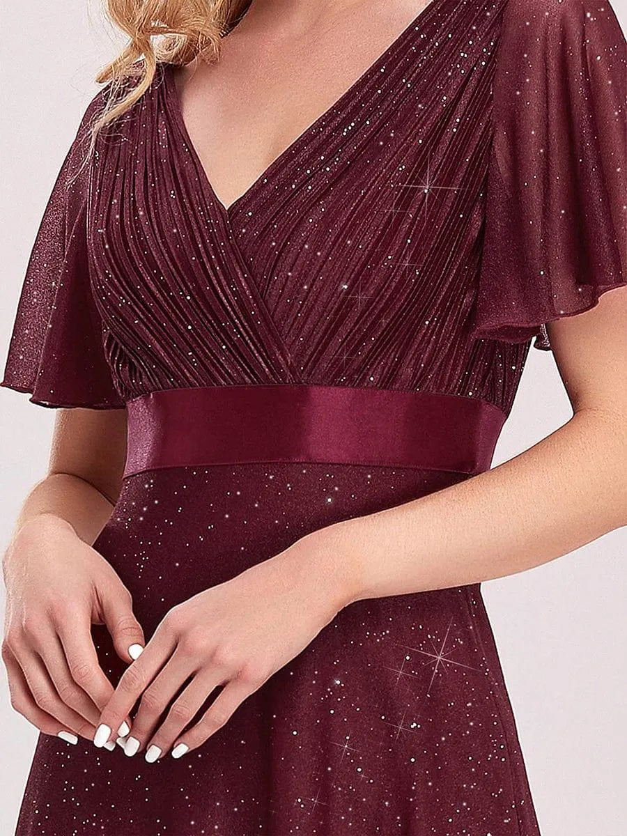 Sparkling Short Sleeve V-Neck Ribbon Waist A-Line Bridesmaid Dress