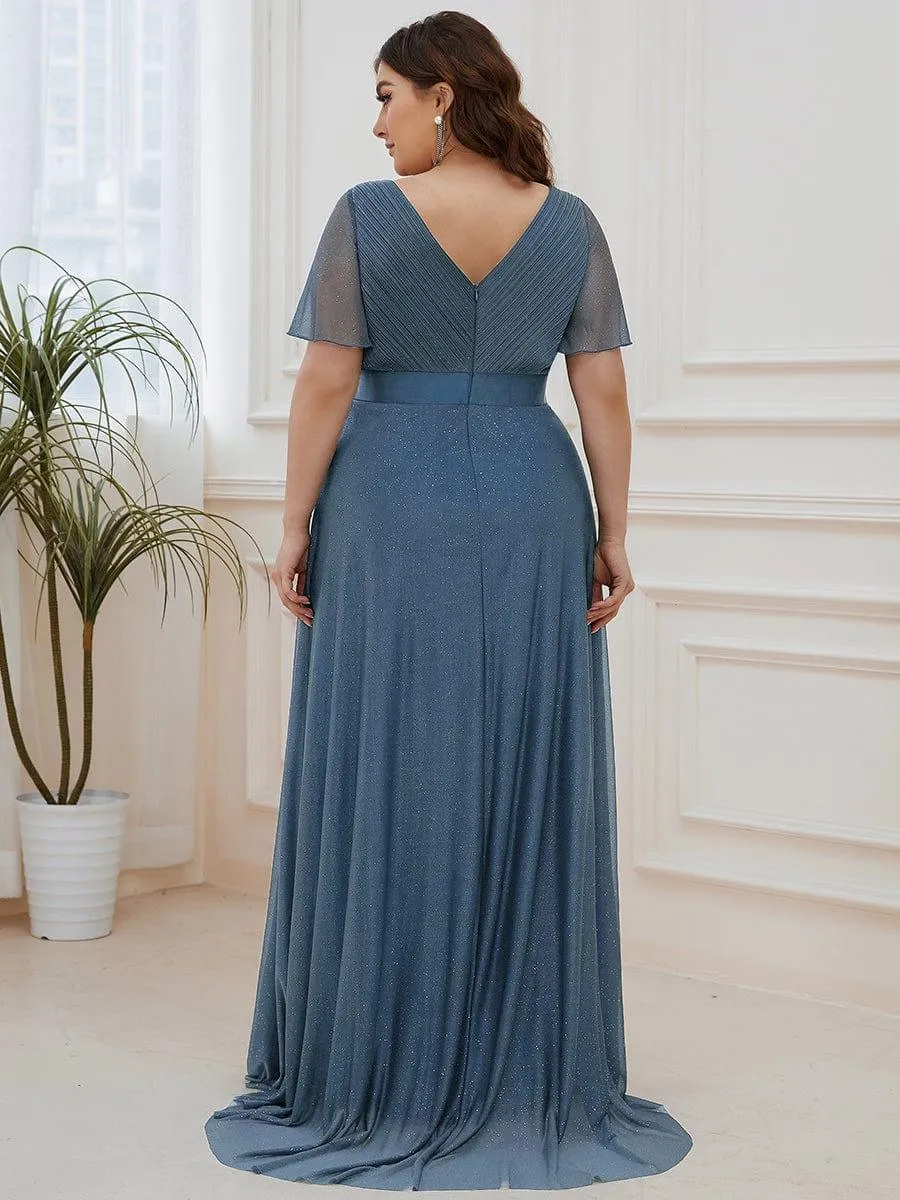 Sparkling Short Sleeve V-Neck Ribbon Waist A-Line Bridesmaid Dress