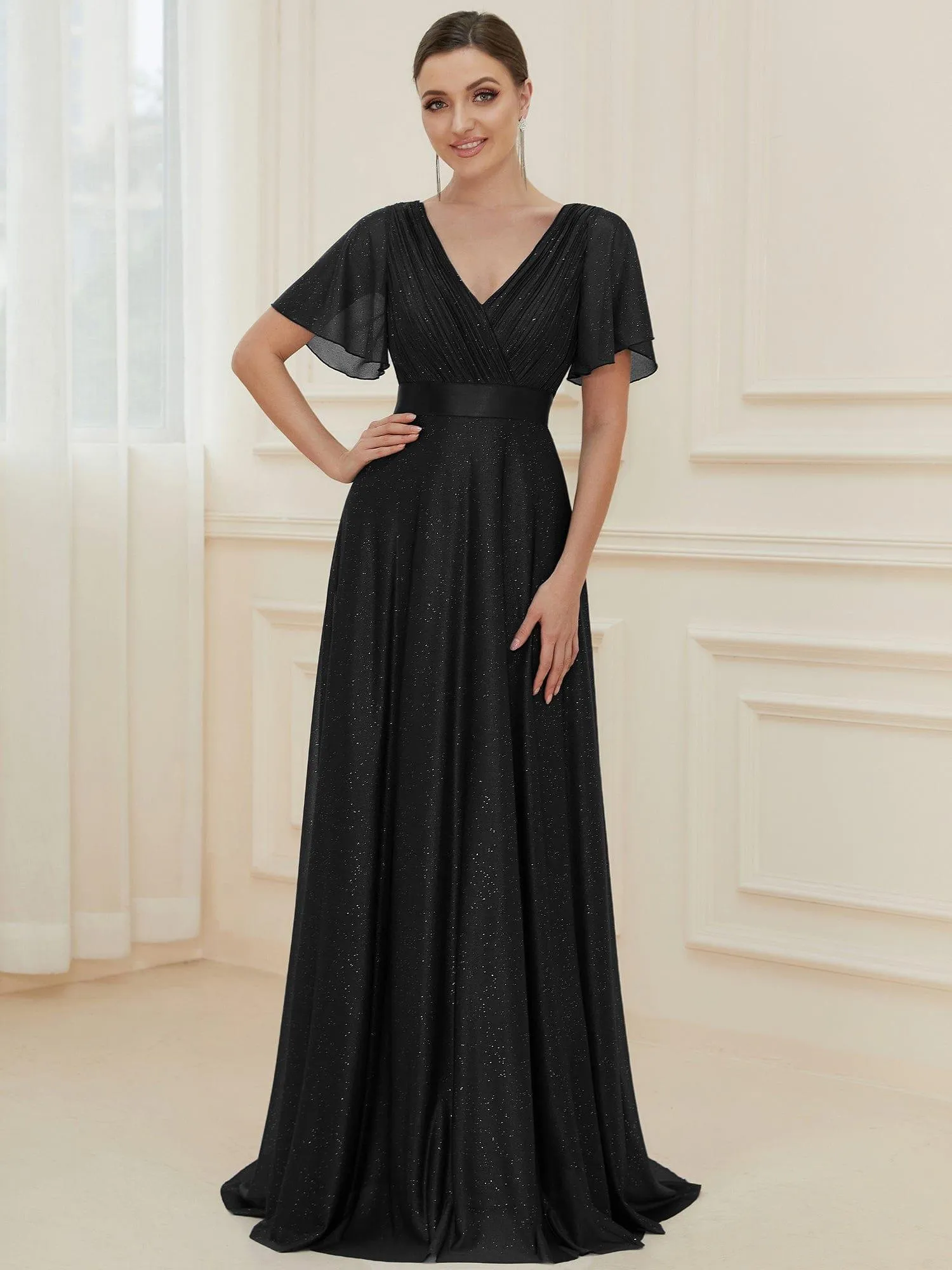 Sparkling Short Sleeve V-Neck Ribbon Waist A-Line Bridesmaid Dress