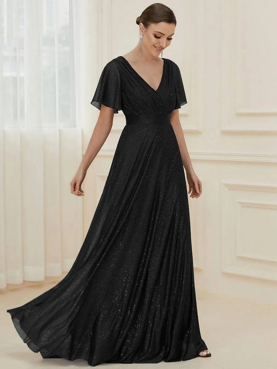 Sparkling Short Sleeve V-Neck Ribbon Waist A-Line Bridesmaid Dress