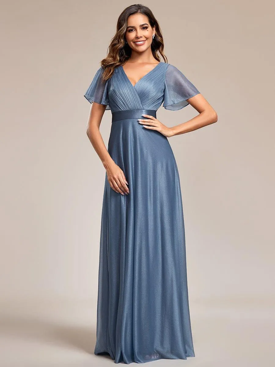 Sparkling Short Sleeve V-Neck Ribbon Waist A-Line Bridesmaid Dress