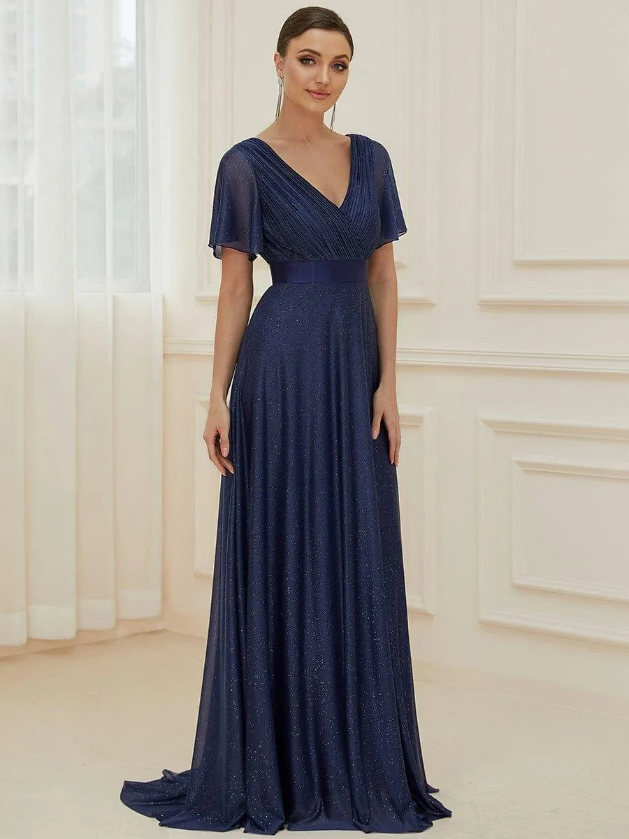 Sparkling Short Sleeve V-Neck Ribbon Waist A-Line Bridesmaid Dress