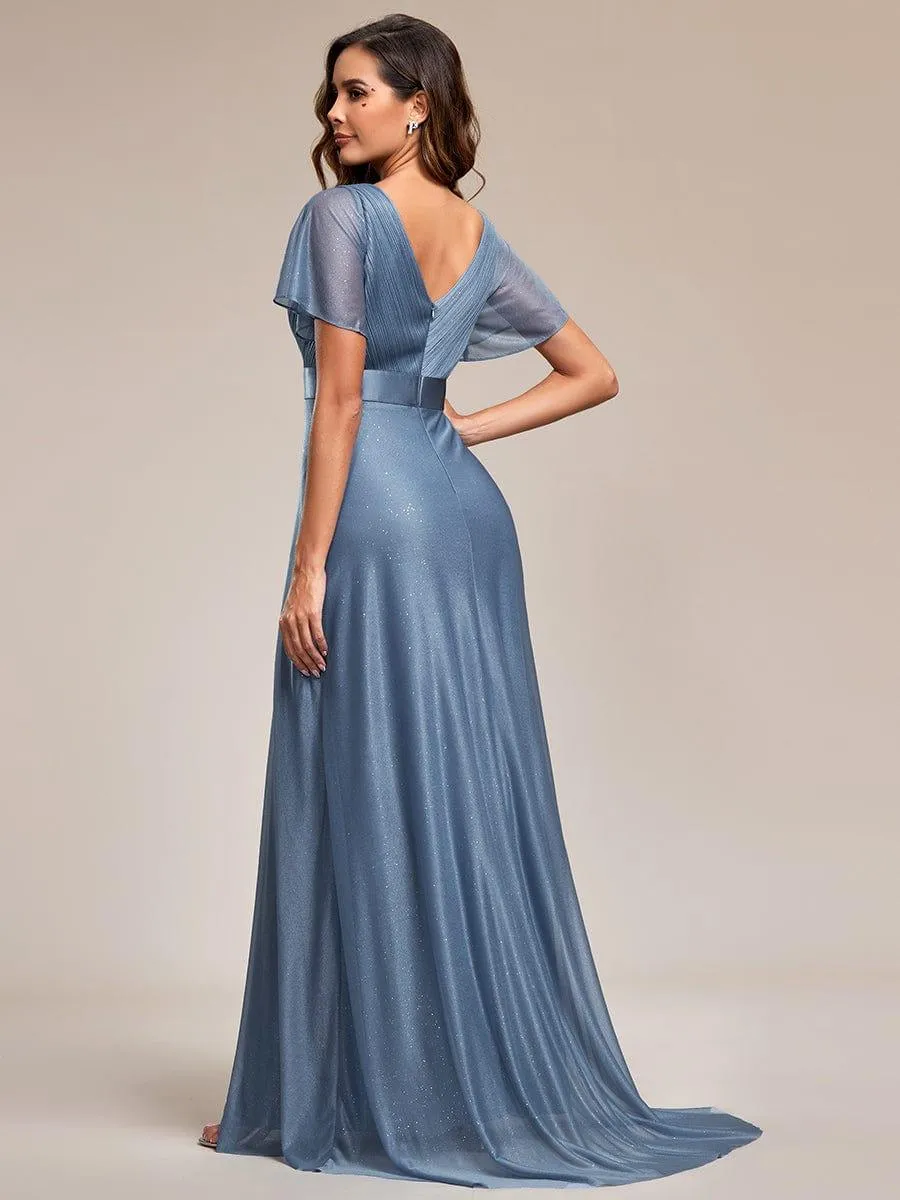 Sparkling Short Sleeve V-Neck Ribbon Waist A-Line Bridesmaid Dress