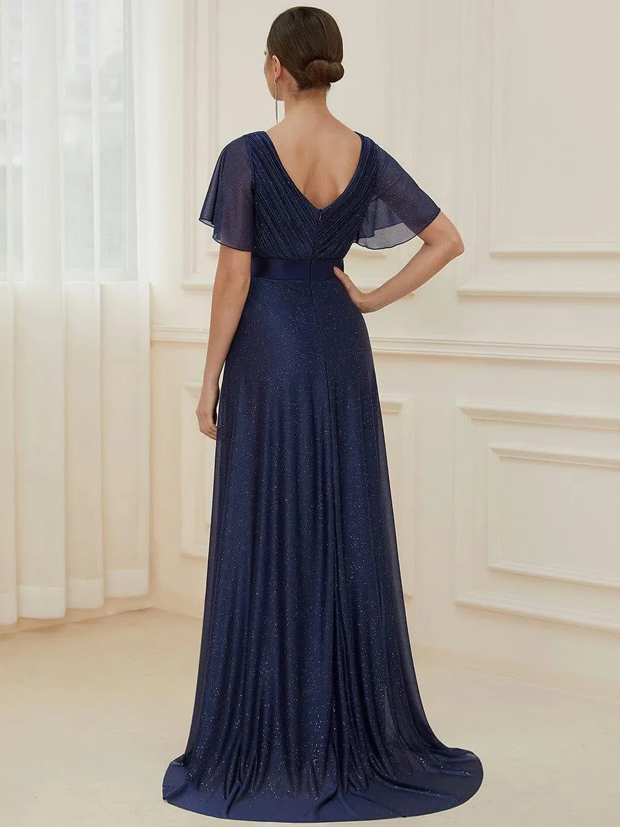 Sparkling Short Sleeve V-Neck Ribbon Waist A-Line Bridesmaid Dress