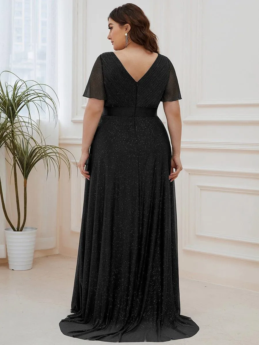 Sparkling Short Sleeve V-Neck Ribbon Waist A-Line Bridesmaid Dress
