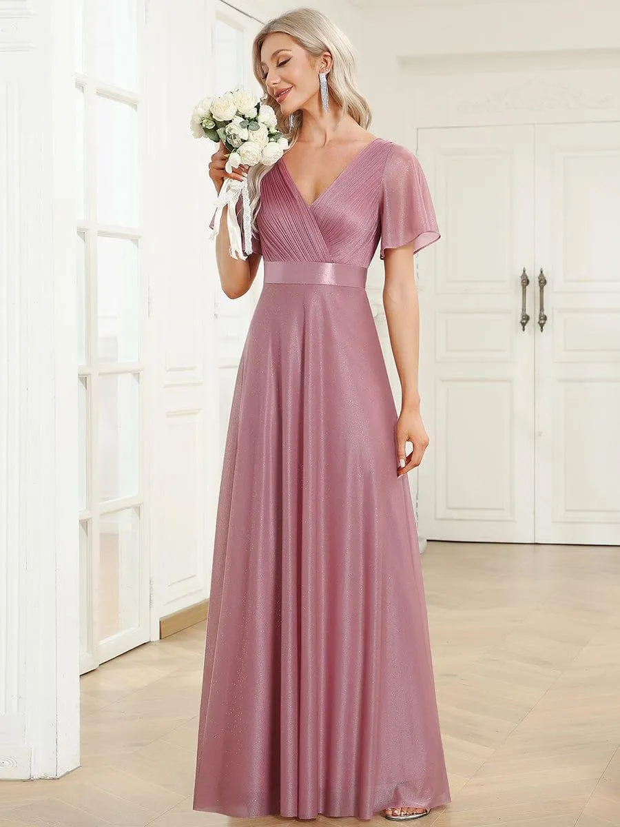 Sparkling Short Sleeve V-Neck Ribbon Waist A-Line Bridesmaid Dress