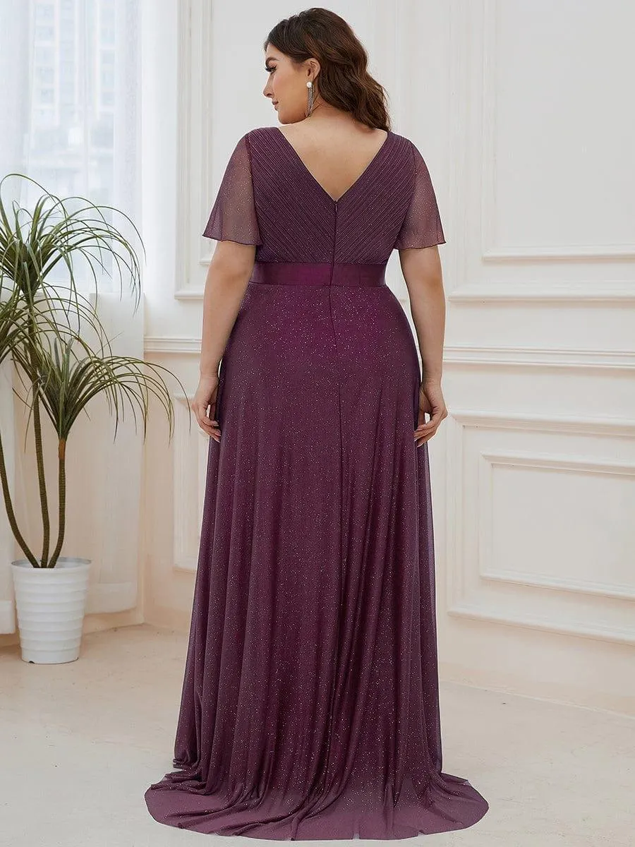 Sparkling Short Sleeve V-Neck Ribbon Waist A-Line Bridesmaid Dress