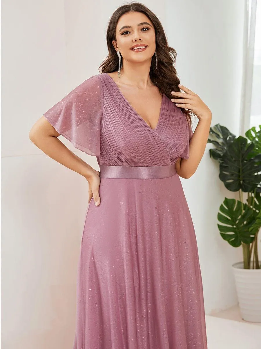 Sparkling Short Sleeve V-Neck Ribbon Waist A-Line Bridesmaid Dress