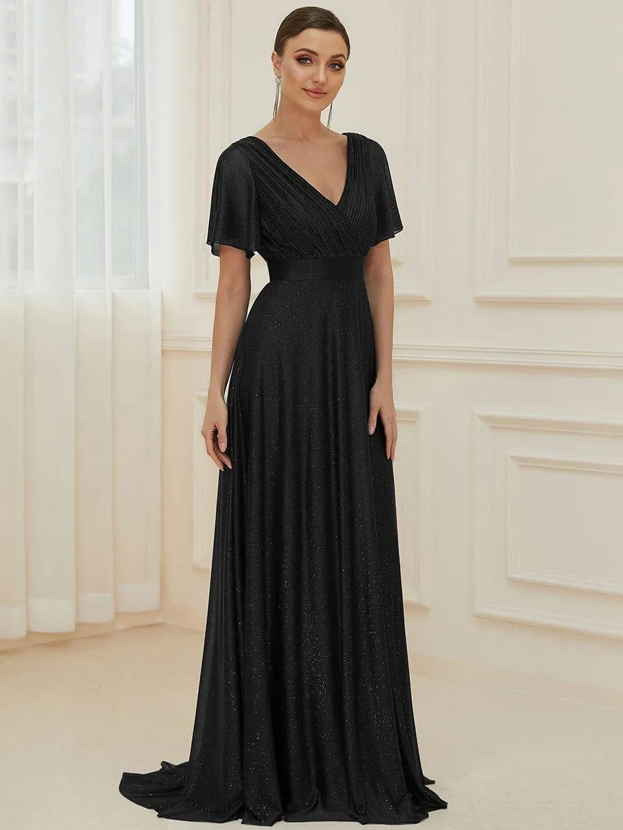 Sparkling Short Sleeve V-Neck Ribbon Waist A-Line Bridesmaid Dress