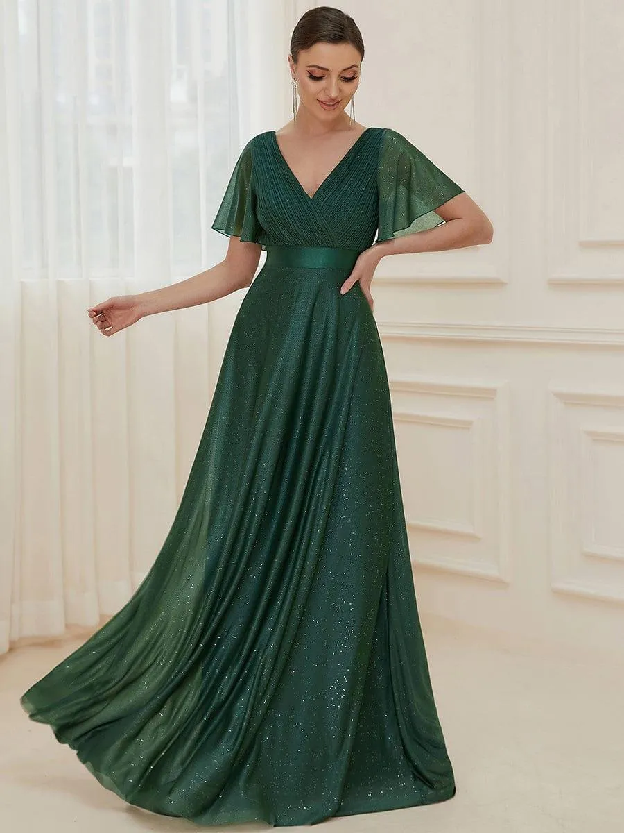 Sparkling Short Sleeve V-Neck Ribbon Waist A-Line Bridesmaid Dress
