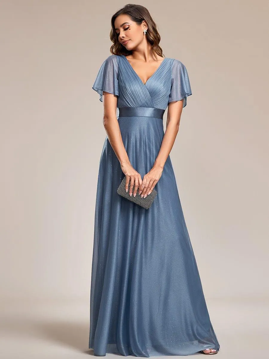 Sparkling Short Sleeve V-Neck Ribbon Waist A-Line Bridesmaid Dress