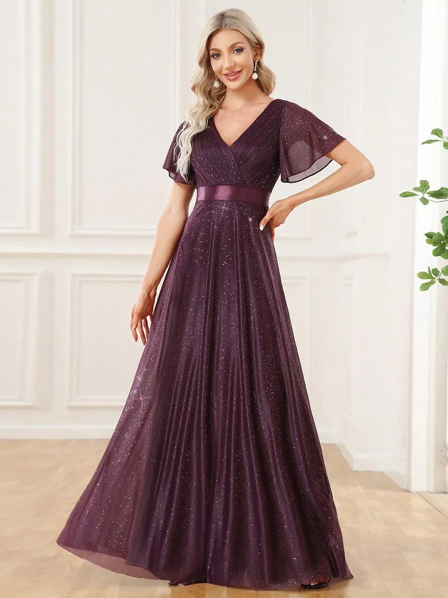 Sparkling Short Sleeve V-Neck Ribbon Waist A-Line Bridesmaid Dress