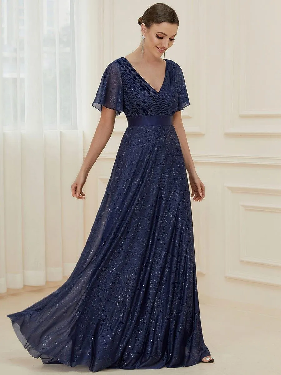 Sparkling Short Sleeve V-Neck Ribbon Waist A-Line Bridesmaid Dress