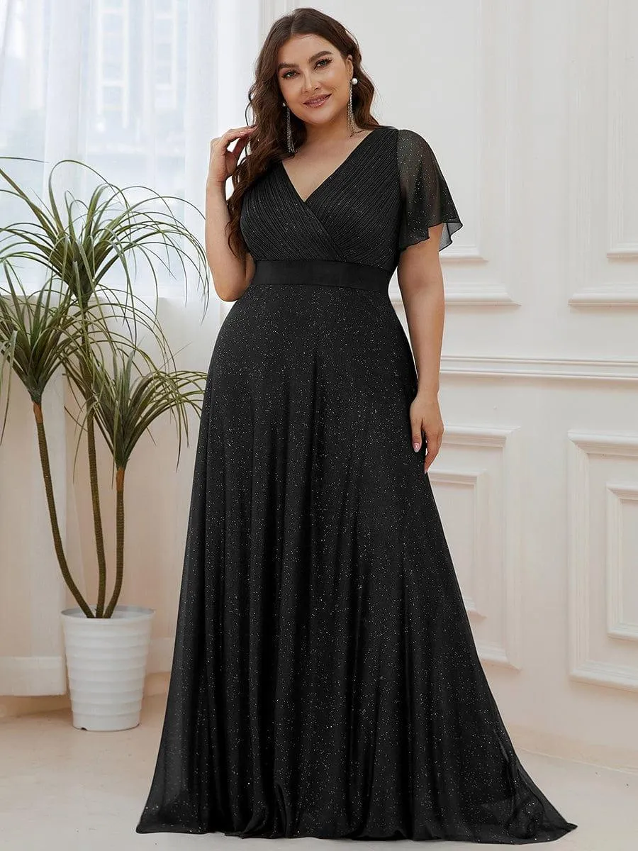 Sparkling Short Sleeve V-Neck Ribbon Waist A-Line Bridesmaid Dress