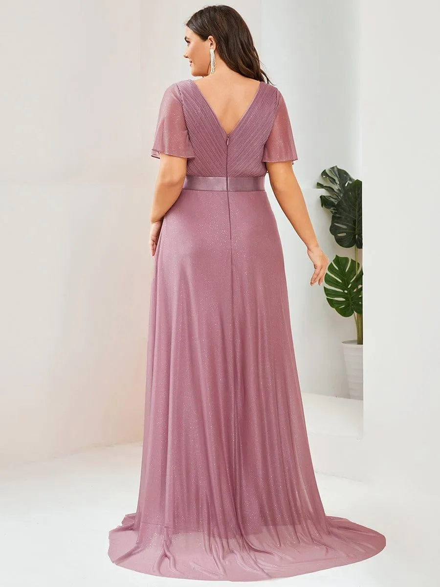 Sparkling Short Sleeve V-Neck Ribbon Waist A-Line Bridesmaid Dress