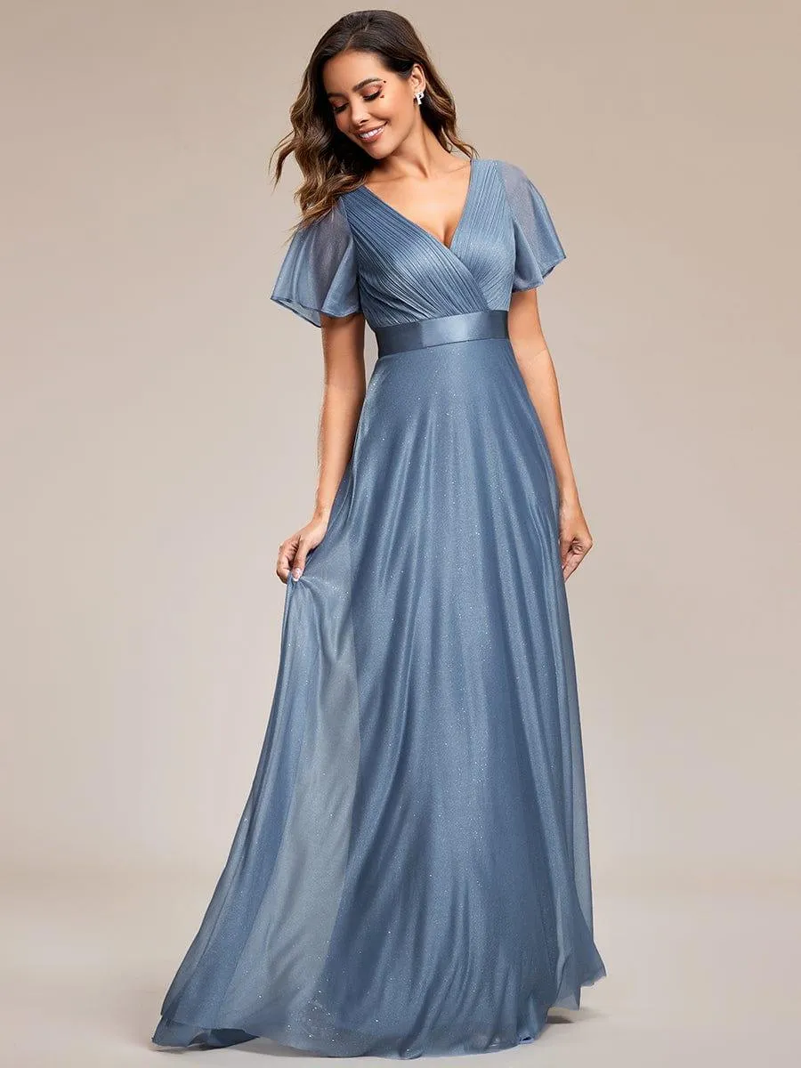 Sparkling Short Sleeve V-Neck Ribbon Waist A-Line Bridesmaid Dress