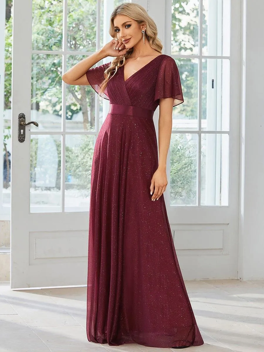 Sparkling Short Sleeve V-Neck Ribbon Waist A-Line Bridesmaid Dress