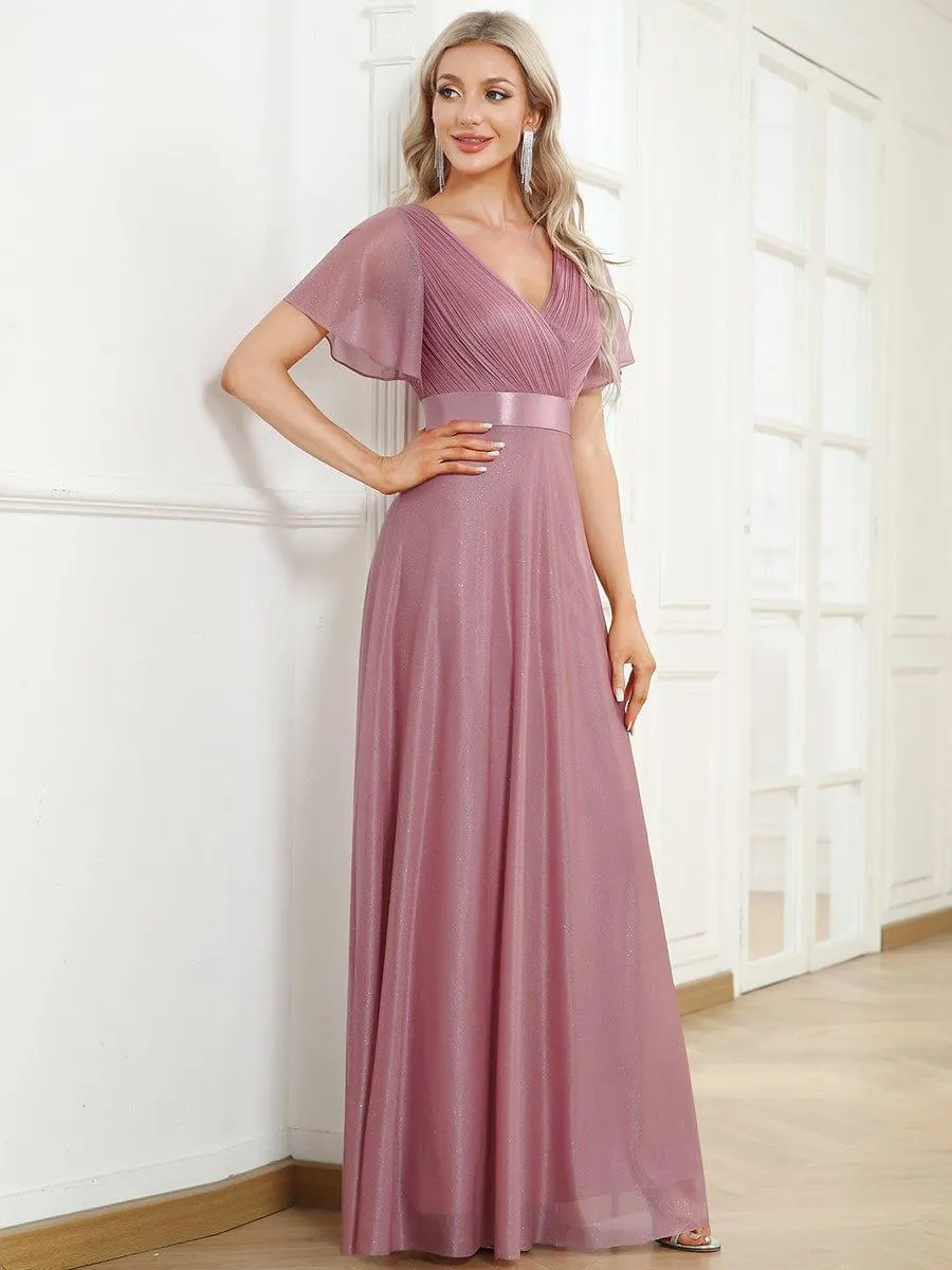 Sparkling Short Sleeve V-Neck Ribbon Waist A-Line Bridesmaid Dress