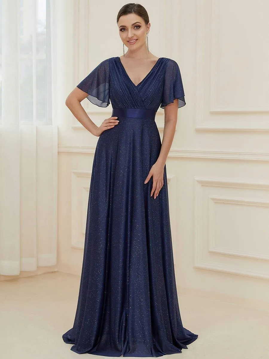 Sparkling Short Sleeve V-Neck Ribbon Waist A-Line Bridesmaid Dress