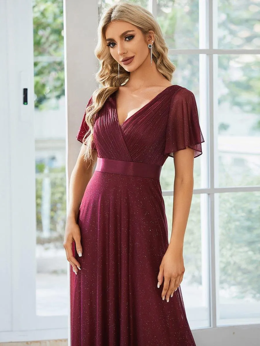 Sparkling Short Sleeve V-Neck Ribbon Waist A-Line Bridesmaid Dress