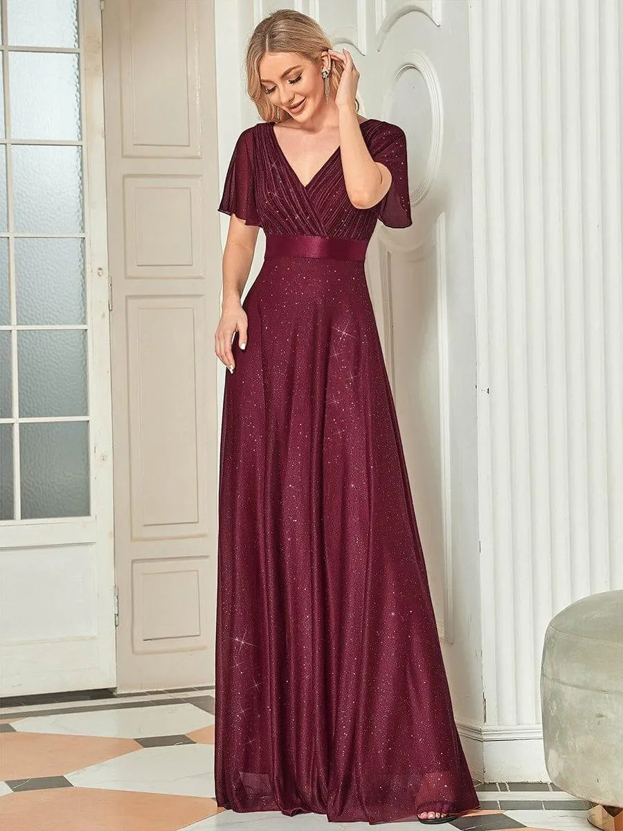 Sparkling Short Sleeve V-Neck Ribbon Waist A-Line Bridesmaid Dress