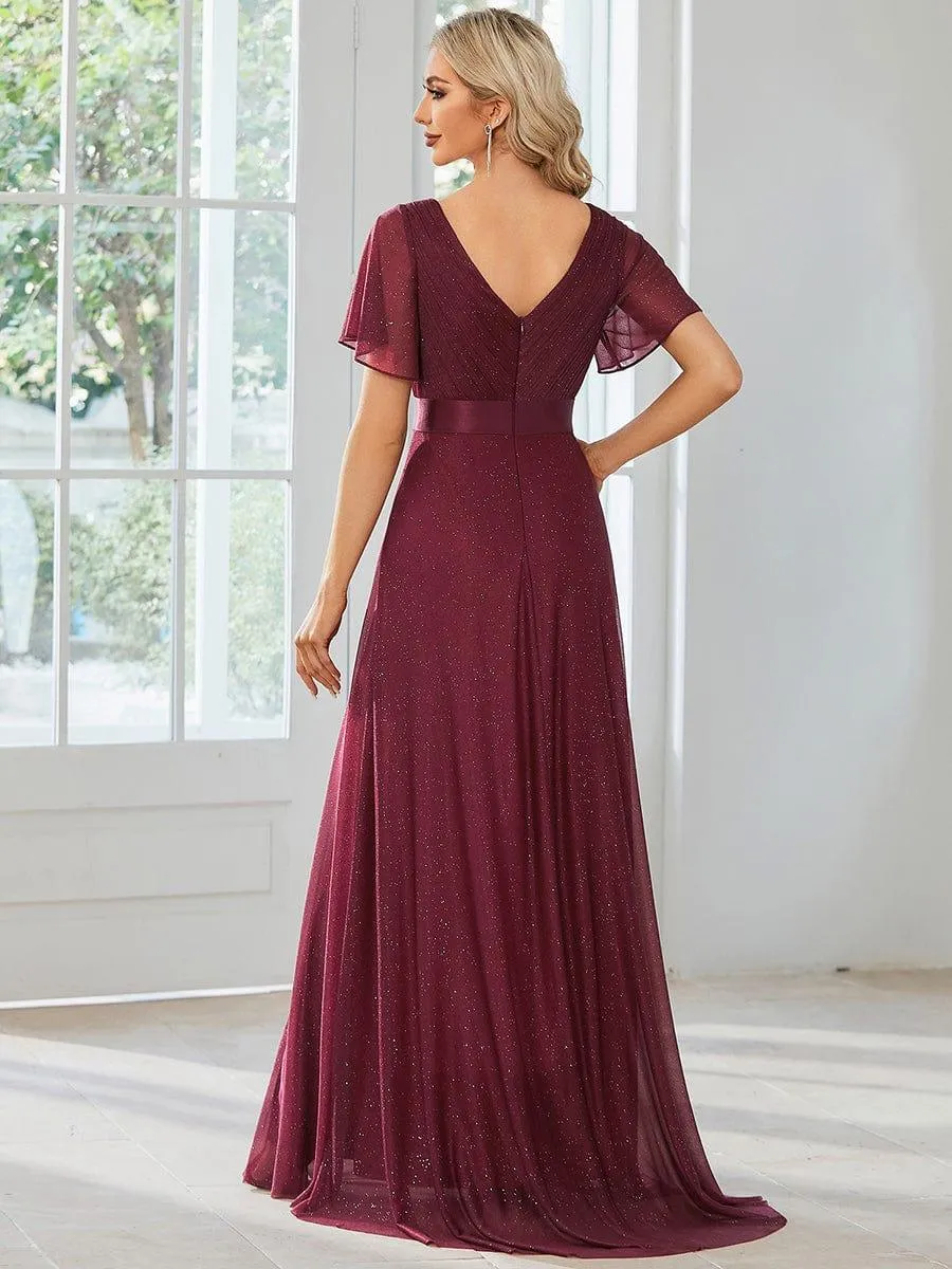 Sparkling Short Sleeve V-Neck Ribbon Waist A-Line Bridesmaid Dress