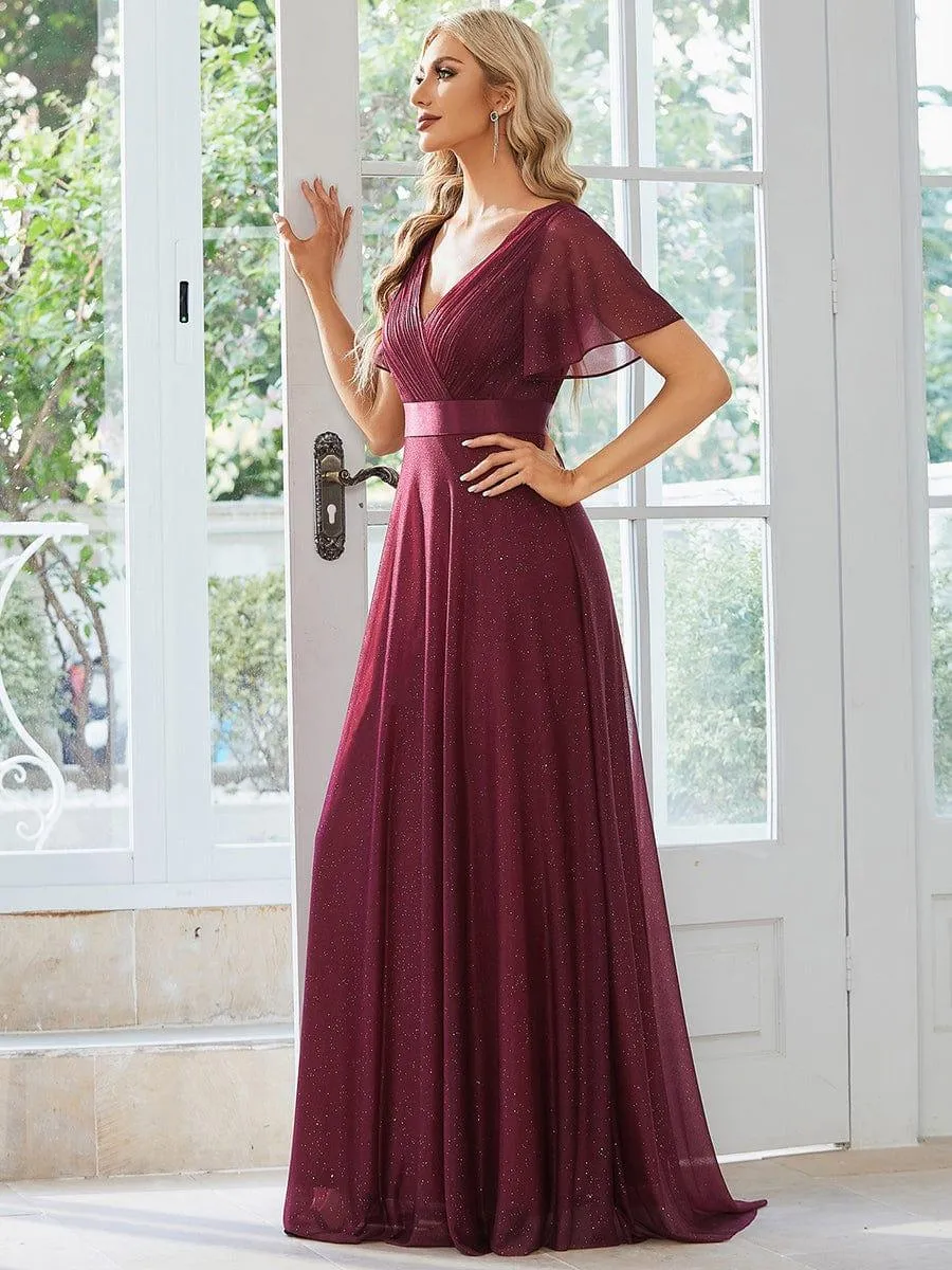 Sparkling Short Sleeve V-Neck Ribbon Waist A-Line Bridesmaid Dress